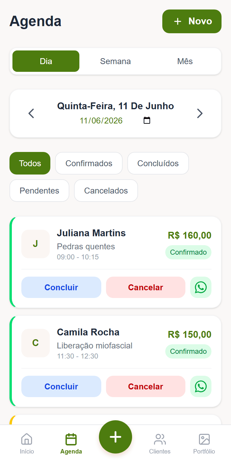 Agenda do dia no Massagem Express: horários, serviços e valores de cada atendimento