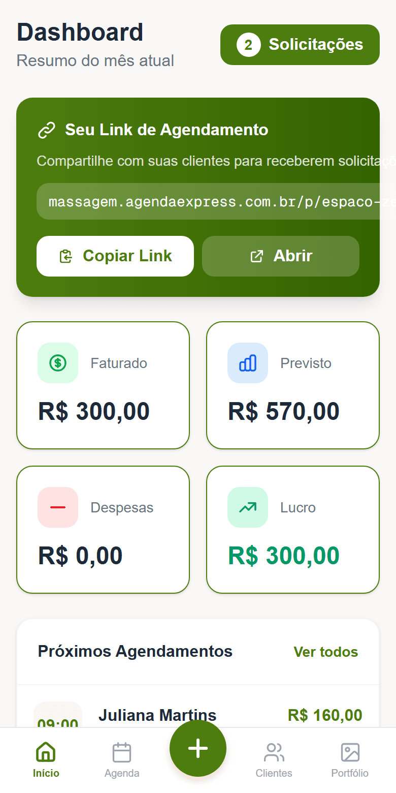 Painel do Massagem Express: faturado e previsto do mês, link de agendamento