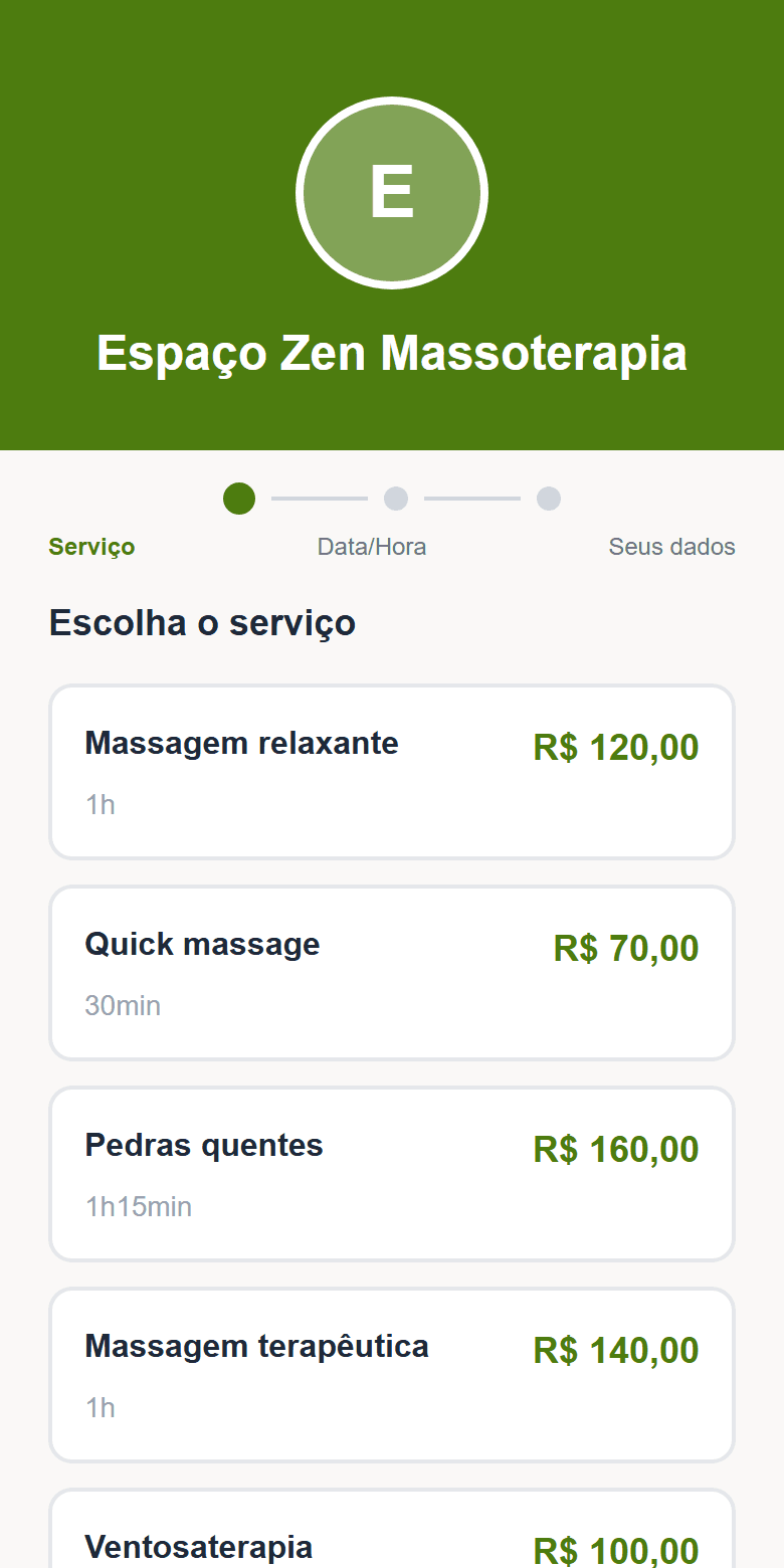 Página de agendamento real do Massagem Express: a cliente escolhe serviço, data e horário