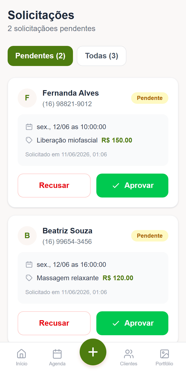 Tela de solicitações do Massagem Express: pedido de horário com botão Aprovar